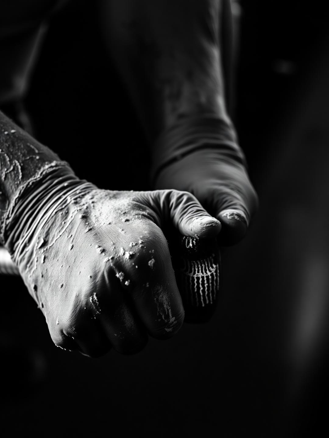 Chalked hands gripping a barbell